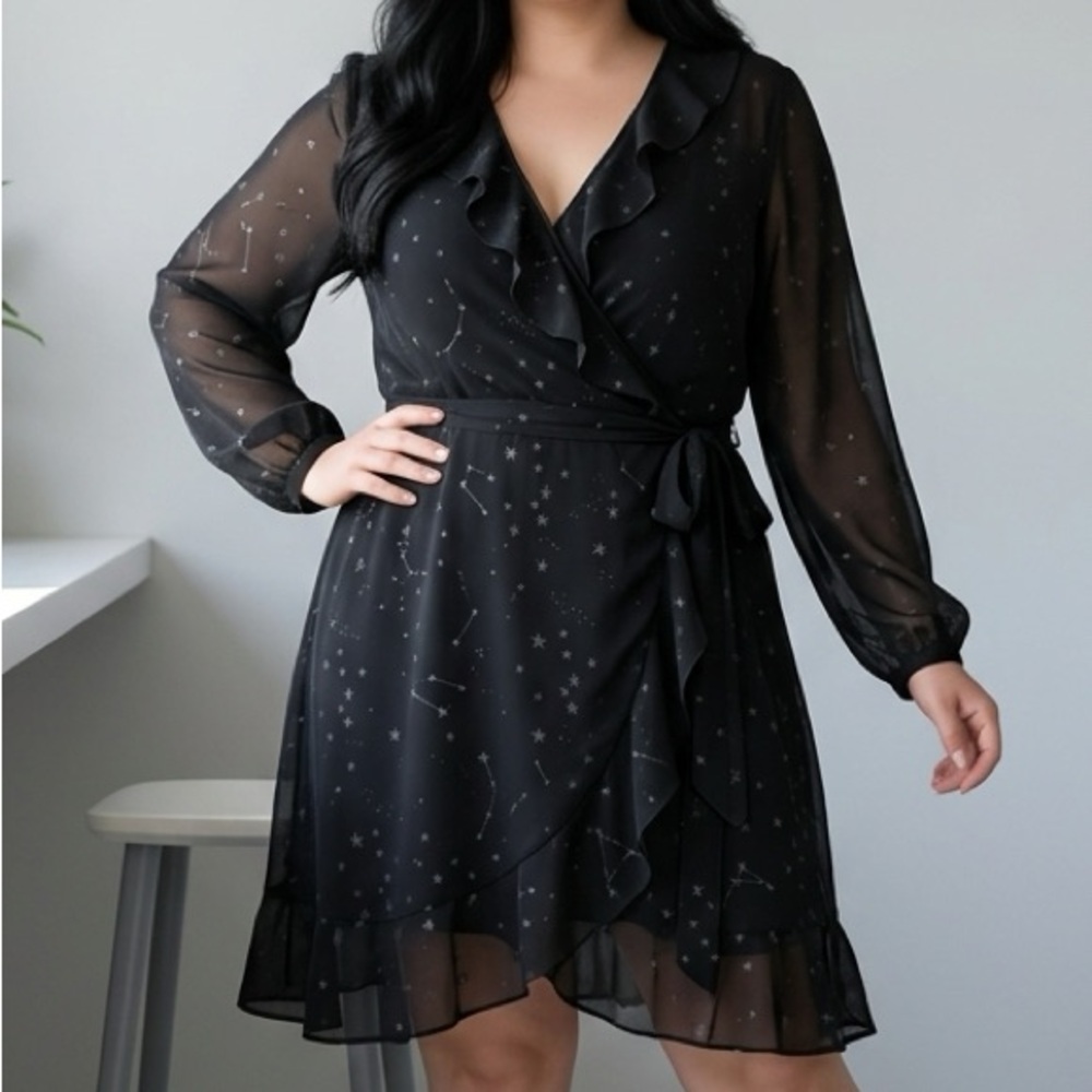 PTP21 Whimsigoth Wrap Dress Black Sheer Sleeve Subtle Stars